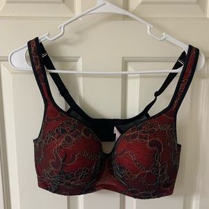 38DD Red, black, gold lace bra
